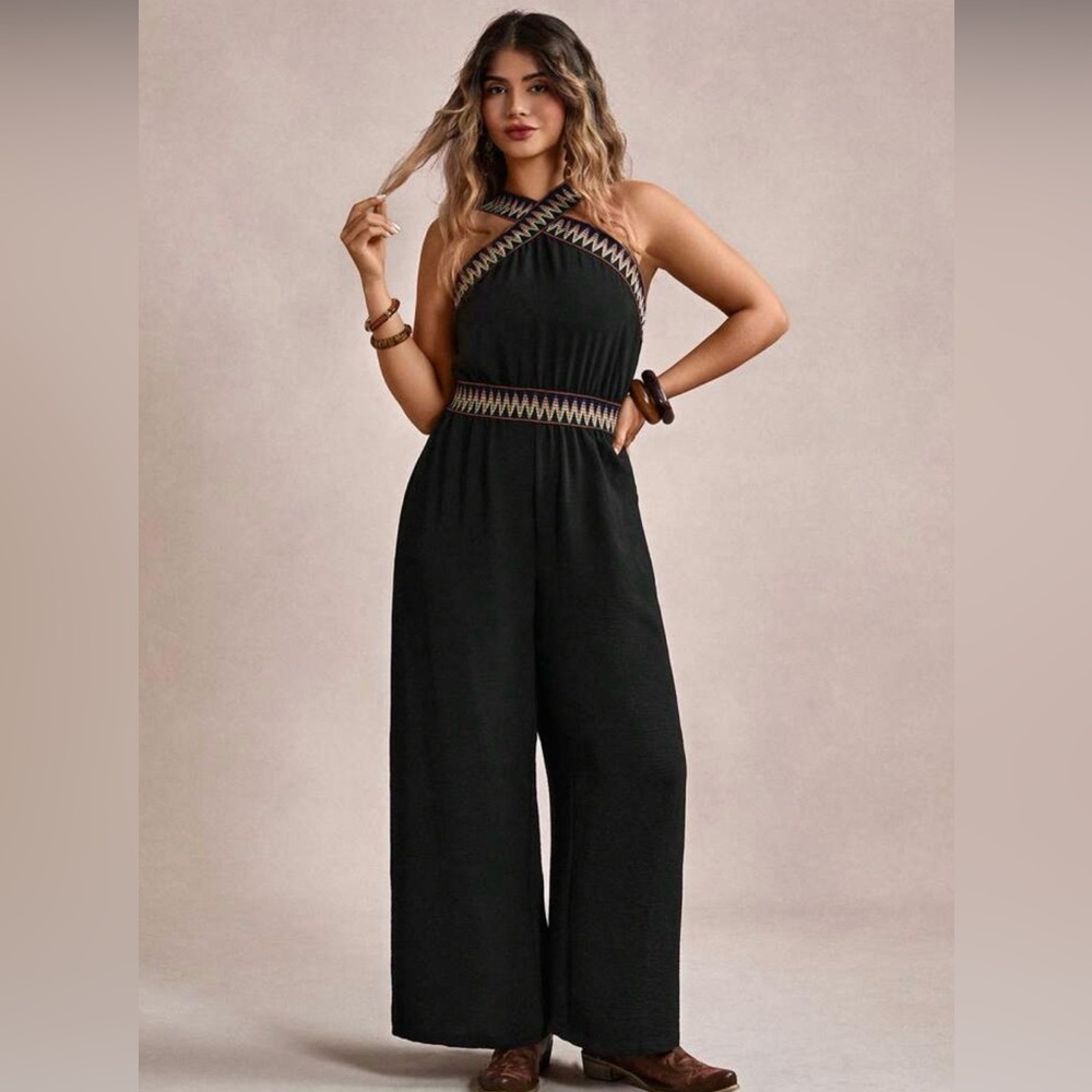 Black Leaf Halter With Multicolor Zigzag Crisscro… - image 1